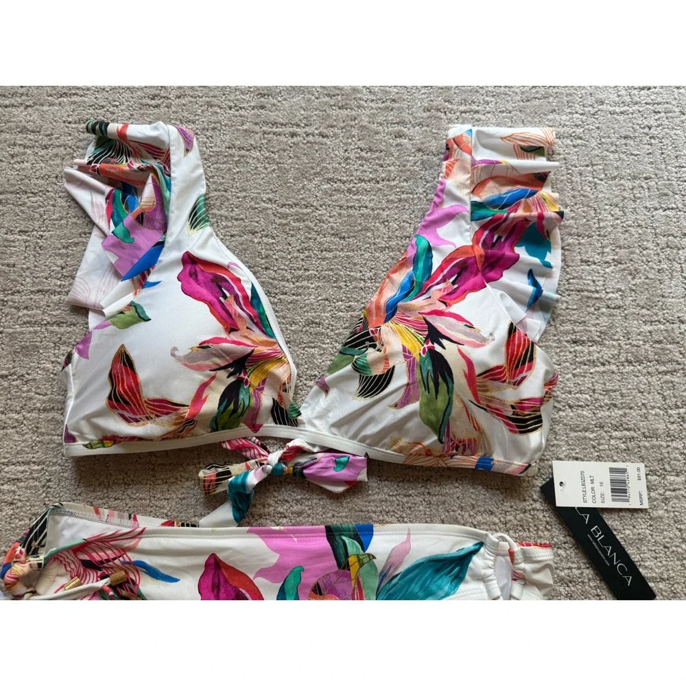 La Blanca Bikini Set Women 16 Multicolor NWT Floral Ruffle Tropical Swimsuit